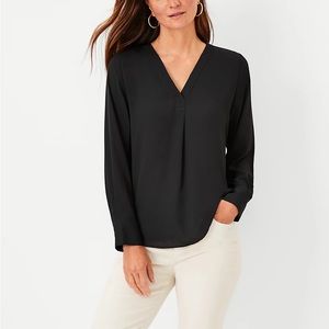 Ann Taylor Mixed Media Pleat Front Top Black Blouse Size XS